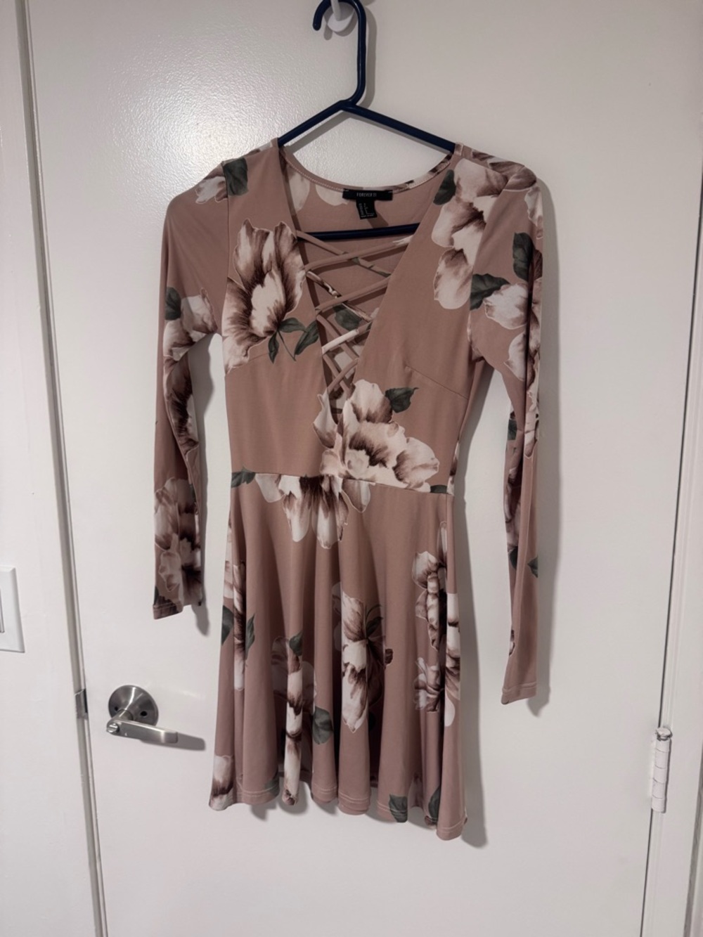 Forever 21 Taupe Floral Lace-Up Long Sleeve Fit & Flare Dress